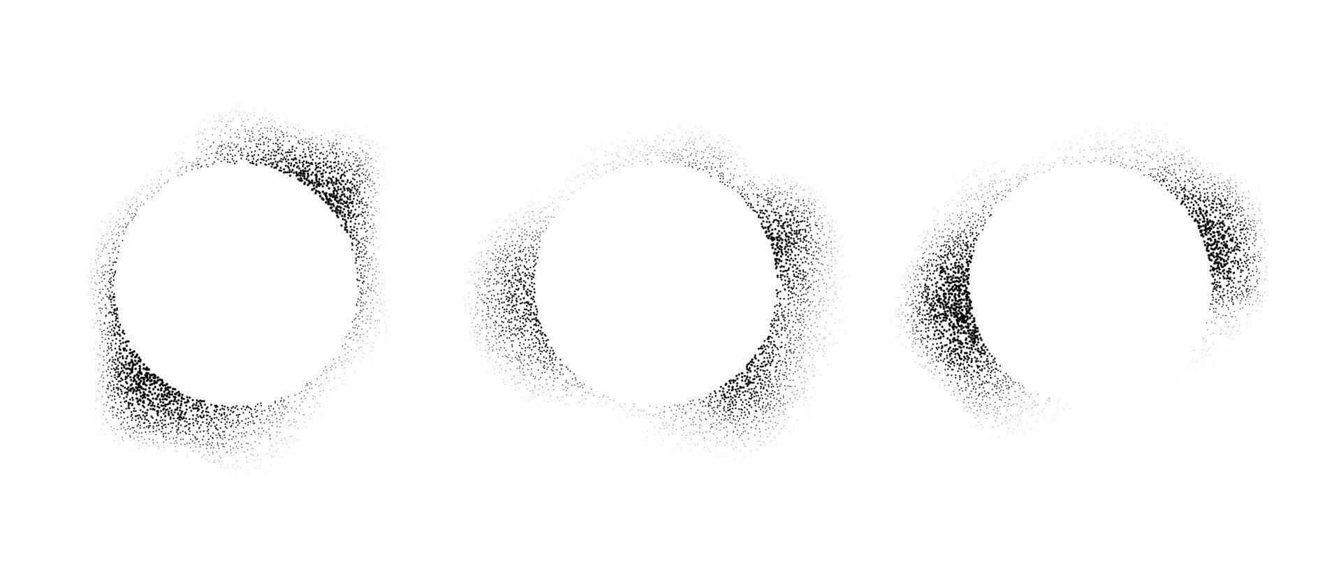 Set of circle frames with spray stencil effect. Grunge dotted round border collection. Faded noise texture radial shape bundle. Black splattered elements for text box, banner, poster, template. vector