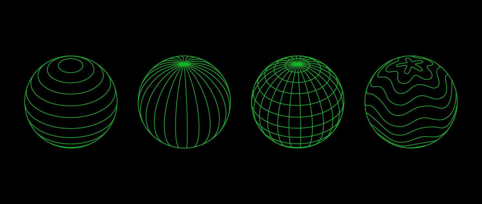 Neon green wireframe spheres collection. 3d outline globes with different grid patterns. Geometric circle elements for design template, icon, logo. Abstract balls with connected lattice lines. vector