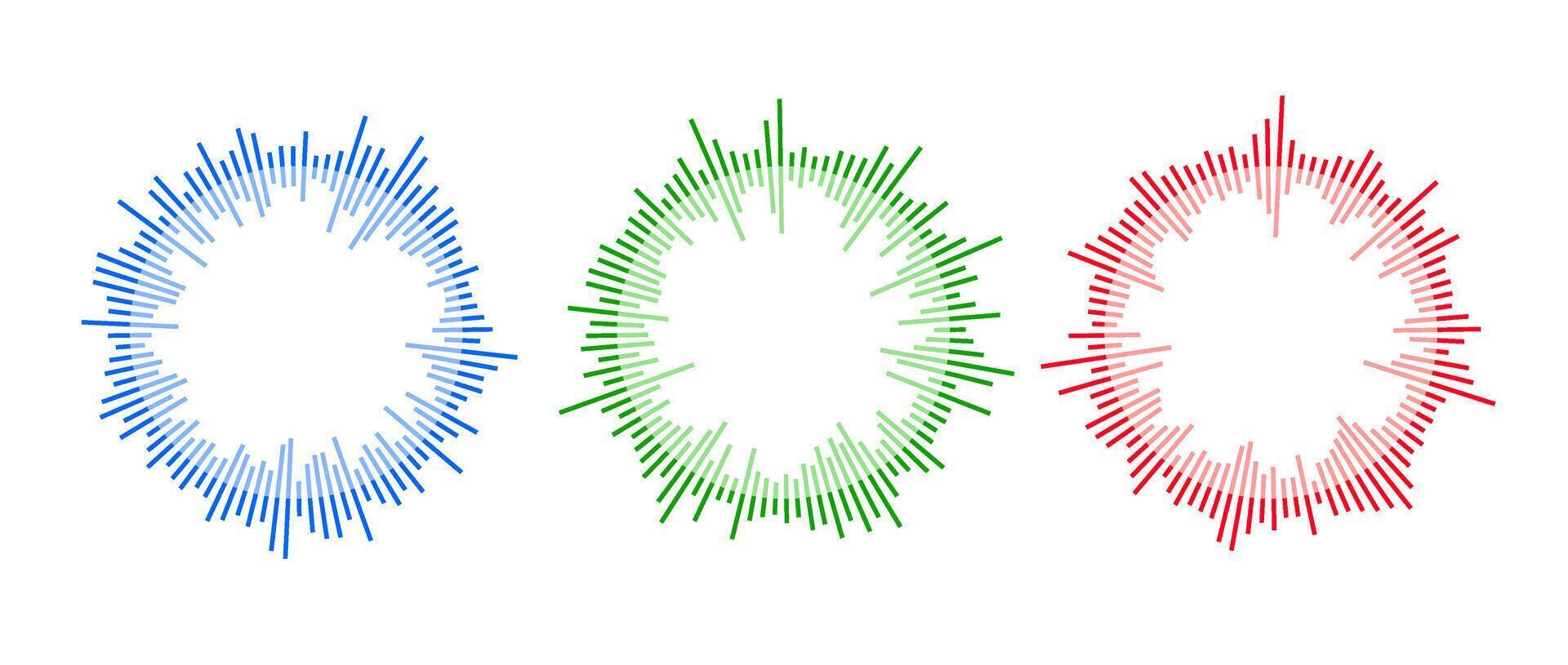 Radial sound waves collection. Round music equalizer bar set. Blue, red and green audio chart pack. Abstract circle radio and voice signal symbol for podcast, app, player. elements vector
