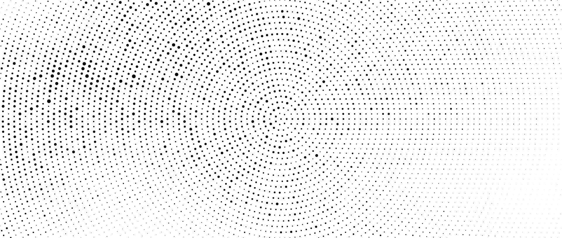 Radial halftone dots. Spotted and dotted stains gradient background. Concentric comic texture with fading effect. Black and white rough gritty wallpaper. Grunge monochrome pop art backdrop. vector