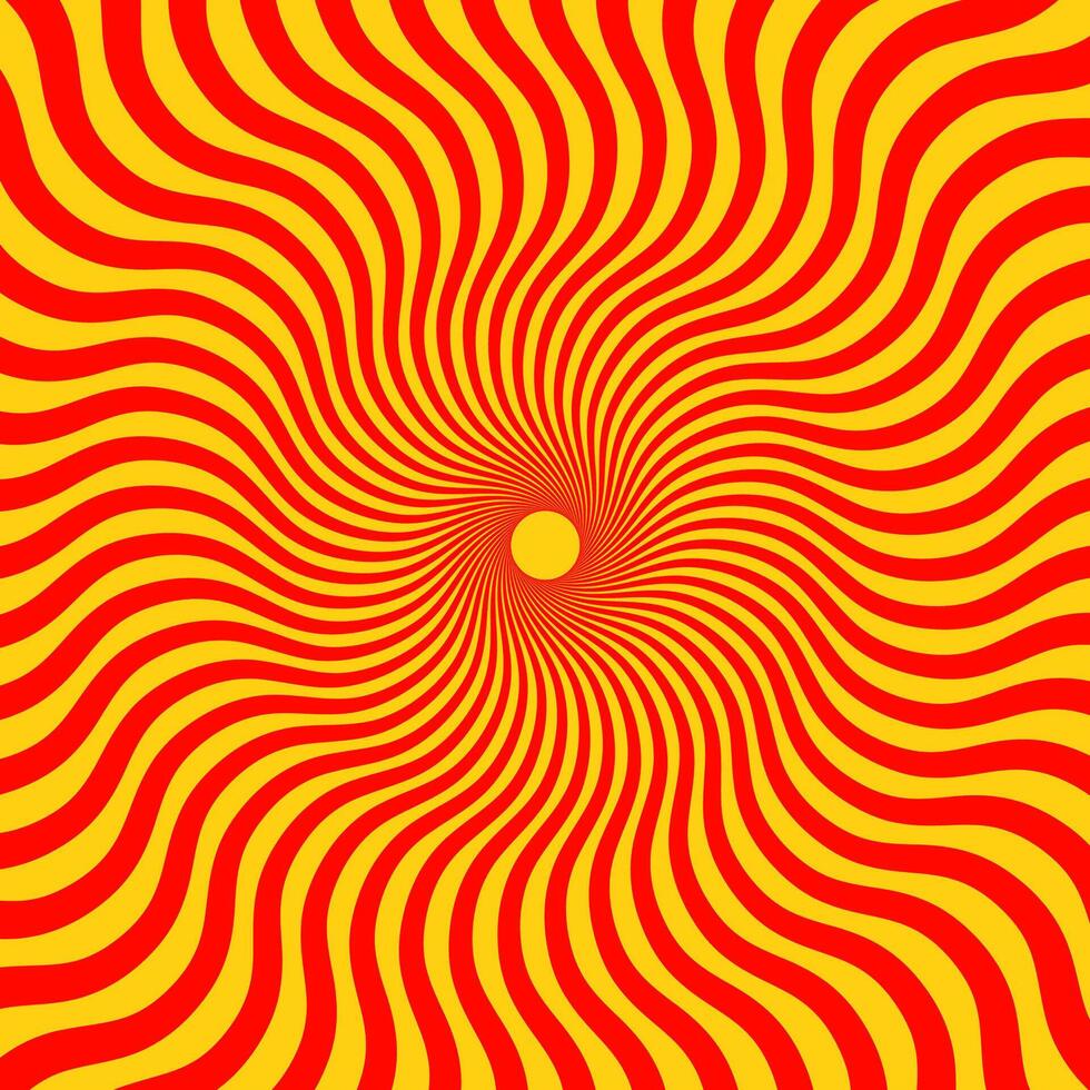 Optical illusion background. Orange and red abstract distorted wavy lines surface. Radial waves poster design. Torsion spiral illusion wallpaper. vector