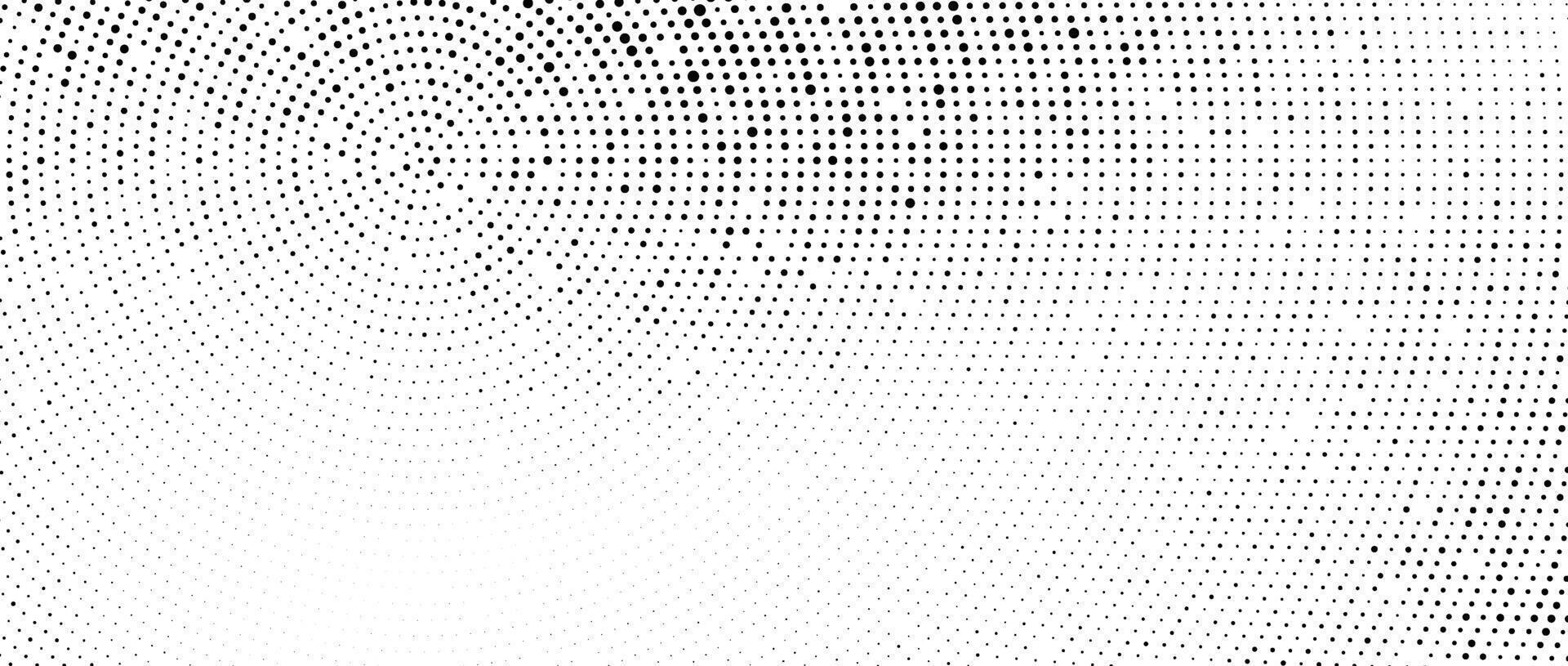 Radial halftone dots. Dotted stains gradient background. Concentric comic texture with fading effect. Black and white rough gritty wallpaper. Grunge monochrome spotted pop art backdrop. vector
