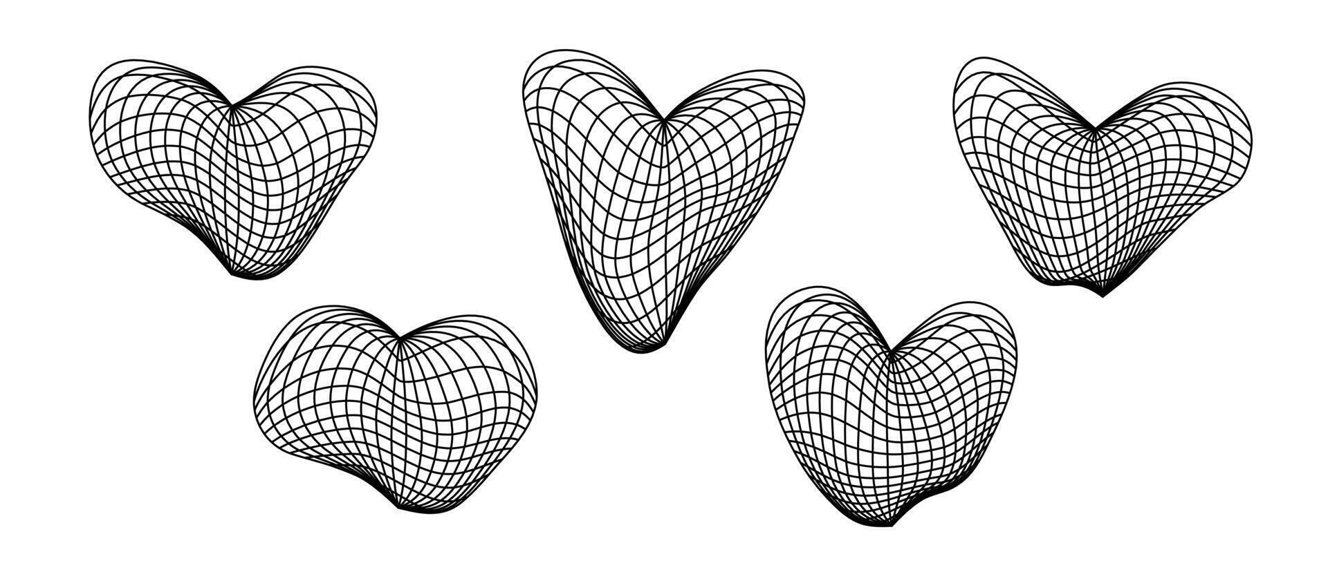 Distorted wireframe heart shapes set. Wrap grid design elements. Love and romantic or cardiology concept for posters, templates, flyers, banners. vector