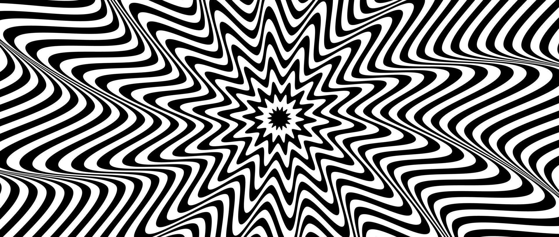 Radial optical illusion background. Black and white abstract wave lines surface. Poster design. Concentric spinning and rotating spiral illusion wallpaper. Op art illustration vector