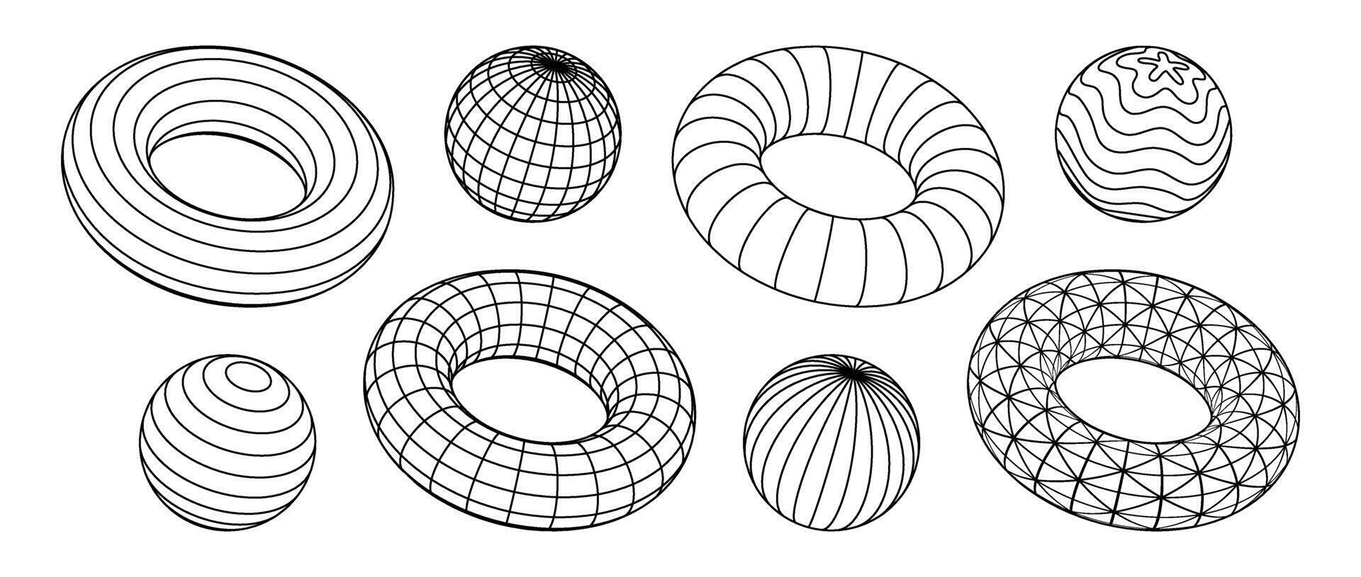 Wireframe torus and spheres collection. 3d outline grid shapes with different patterns. Black geometric elements for design templates, icons, logo. Abstract objects with connected lines. vector