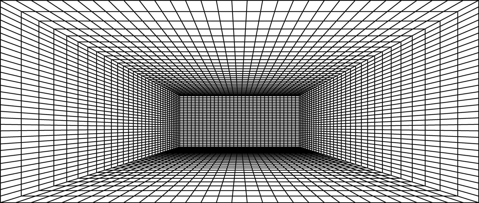 Wireframe grid room. 3d perspective background. Futuristic digital outline space. Black and white geometric dimension design. Template illustration vector