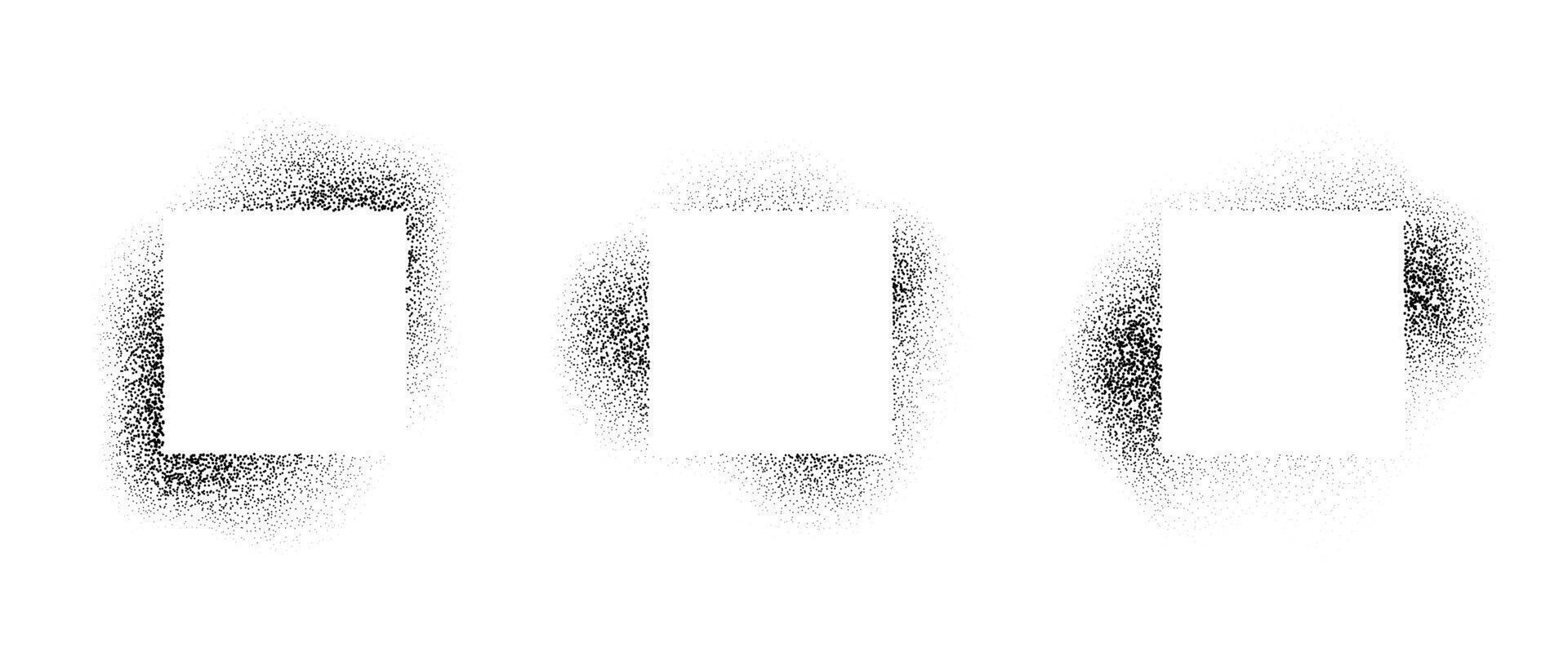 Square frames collection with spray stencil effect. Grunge dotted rectangle border shadow set. Faded noise texture shape bundle. Splattered elements for text box, banner, poster, template. vector