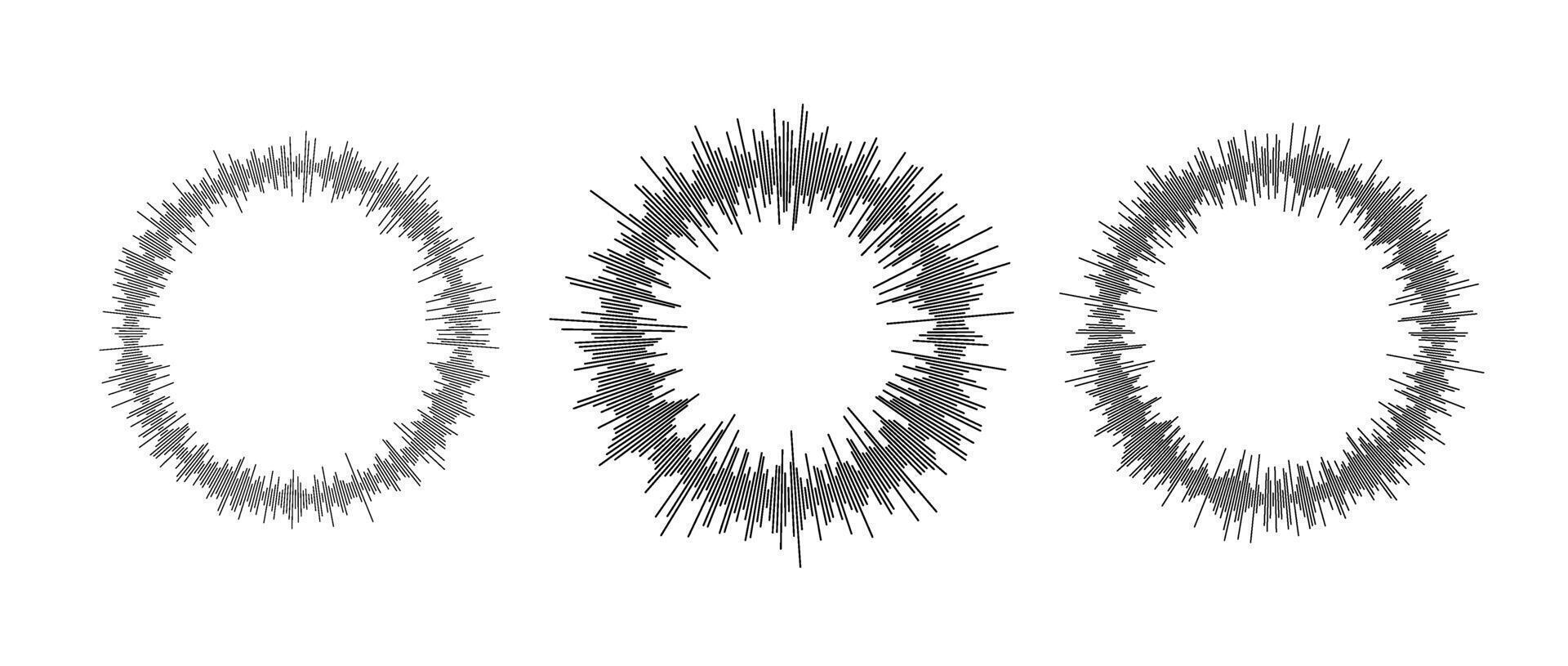 Radial sound waves collection. Round music equalizer bar set. Black linear audio chart pack. Abstract circle radio and voice signal symbol or icon for podcast, app, player. elements vector