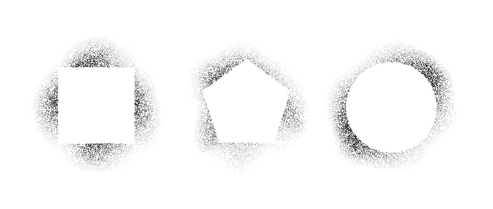 Square, circle and pentagon frames set with spray stencil effect. Grunge dotted border shadow collection. Faded noise shape bundle. Splattered elements for text box, banner, poster, template. vector