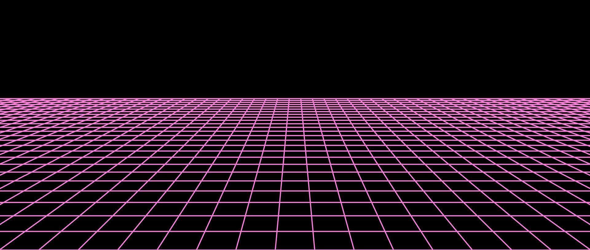 Pink neon flat wireframe grid. Checkered floor landscape. Horizontal chessboard plane in perspective. Black and white abstract lattice surface background. vector