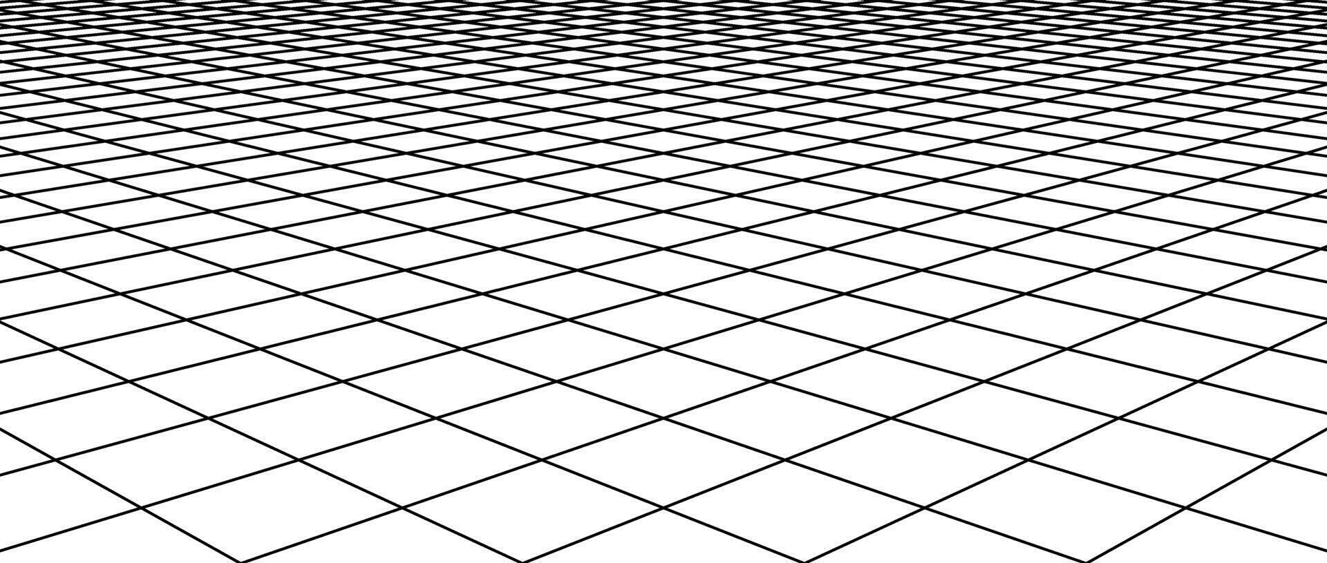 Diagonal wireframe grid. Checkered tile floor landscape. Horizontal chessboard plane in perspective. Black and white flat lattice surface background. vector