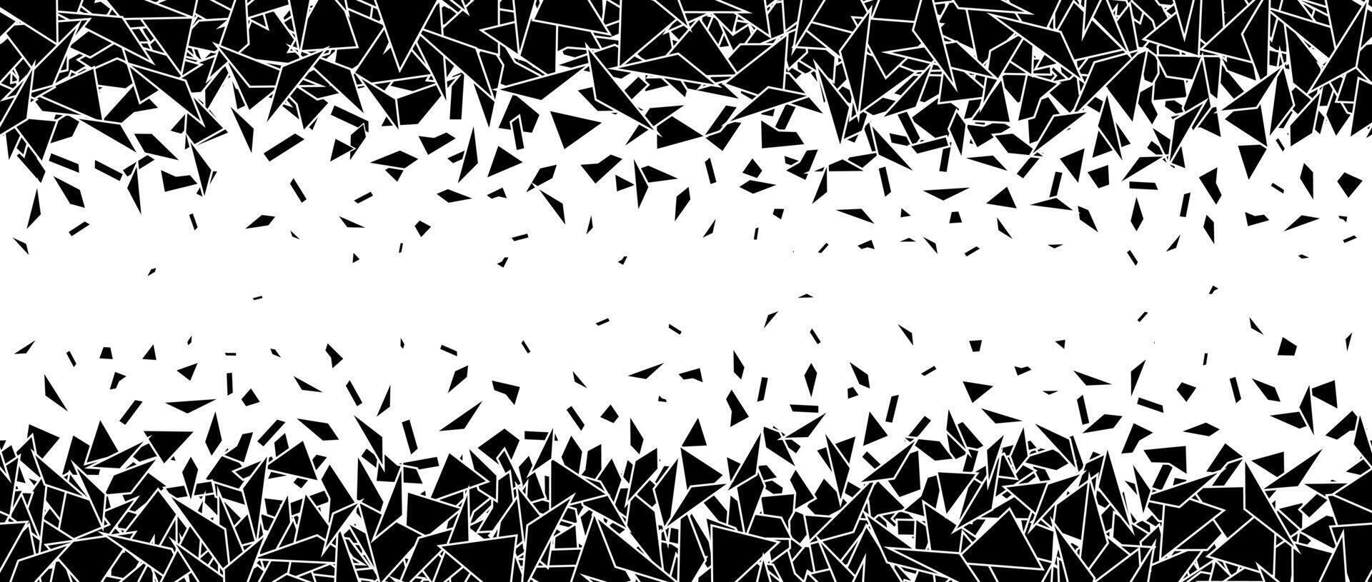 Debris and shatters in horizontal repeating border. Black broken triangle pieces, specks, speckles, particles, shivers. Abstract explosion and disintegrating textured background. vector