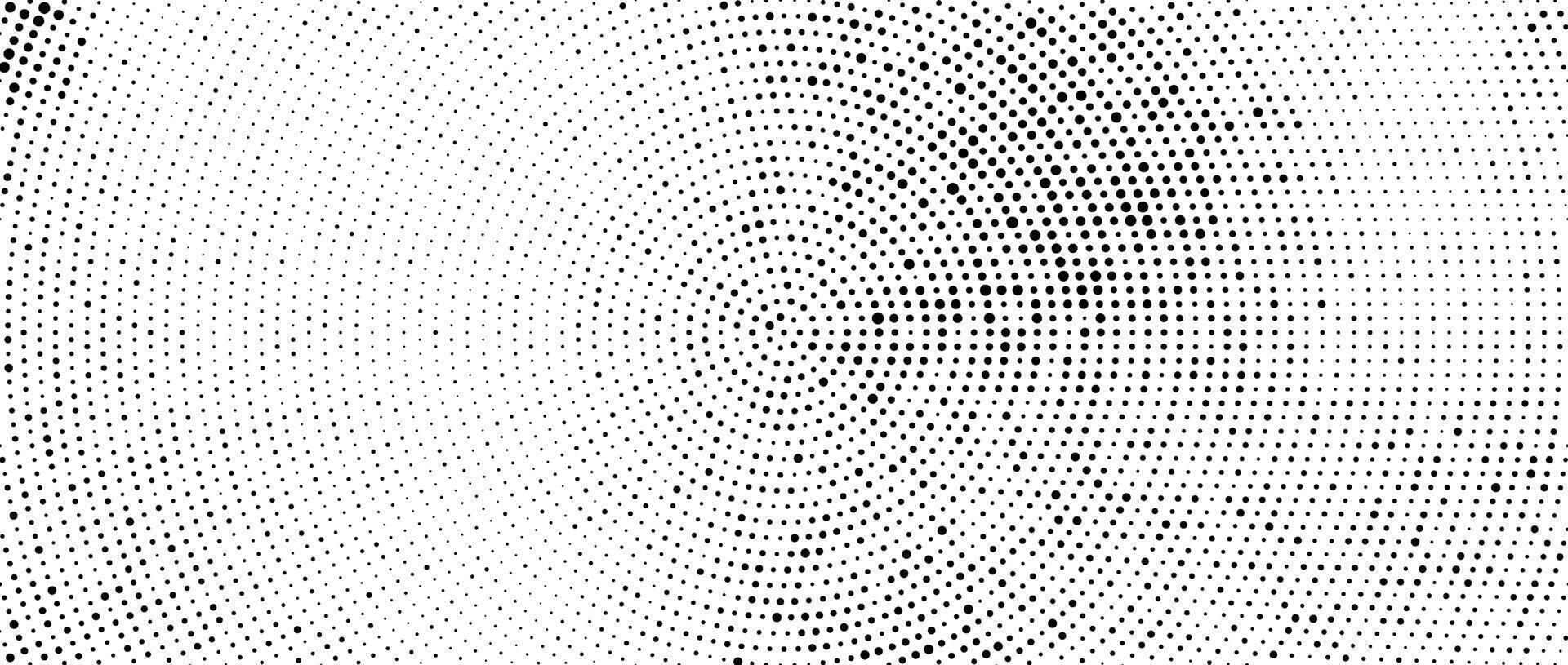 Radial halftone spotted and dotted gradient background. Concentric stains texture with fading effect. Black and white rough wallpaper. Grunge monochrome geometric backdrop. vector