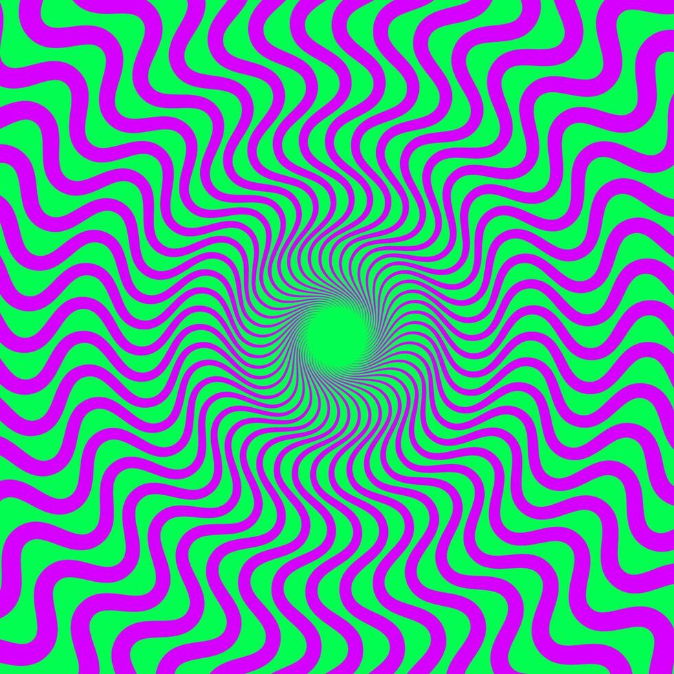 Acid color optical illusion background. Purple and green abstract distorted wavy lines surface. Radial waves poster design. Torsion spiral illusion wallpaper. Ornamental illustration vector