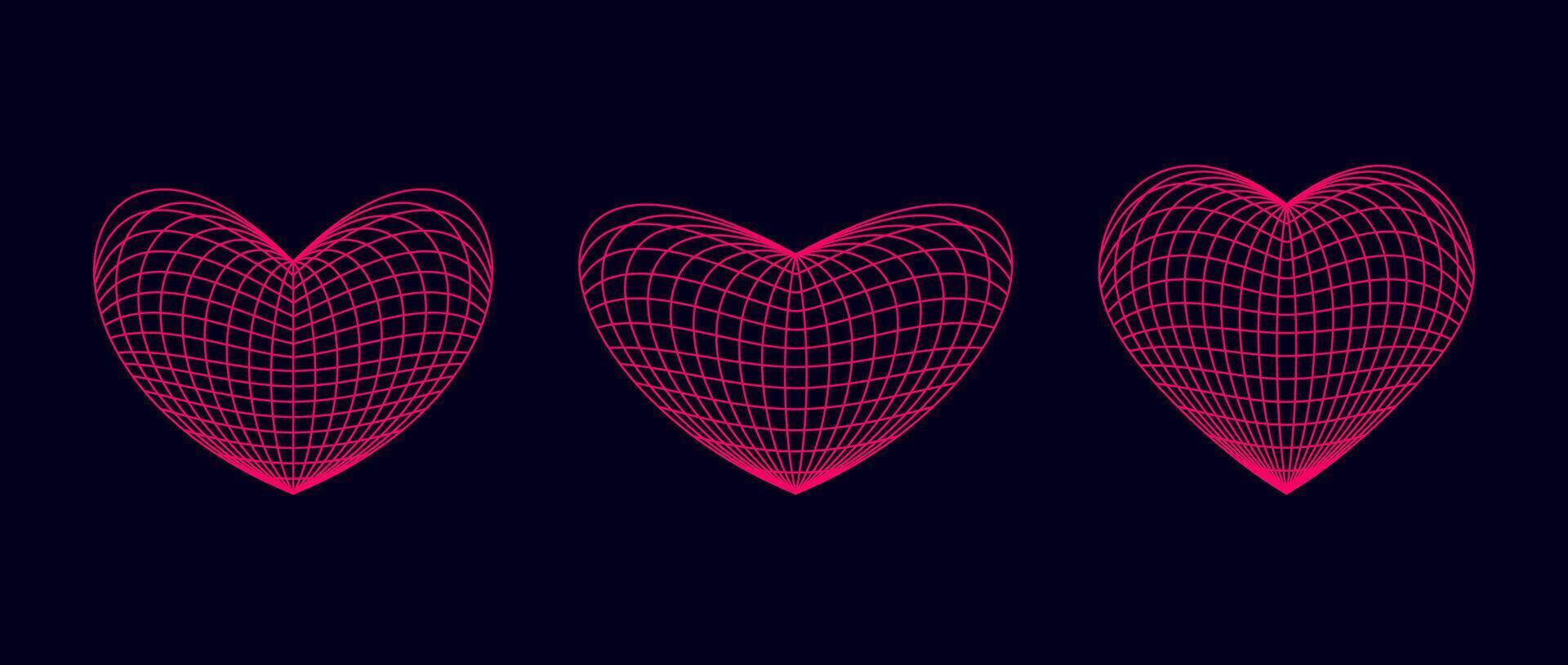 Pink wireframe heart shapes set. grids. Grid design element. Love or cardiology concept for posters, templates, flyers, banners. Illustration pack vector