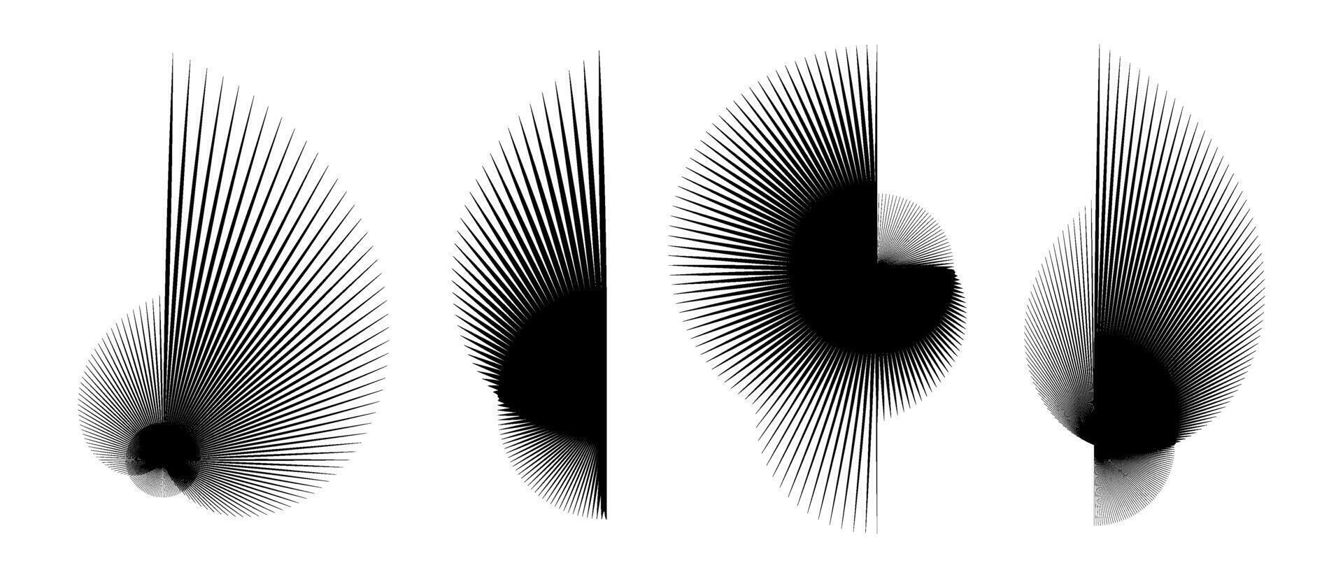 Abstract curved spiky elements set. Radial spiral spokes objects collection. Thin thorn semicircle shapes and angular sunburst bundle for posters, collages, decoration. futuristic vector