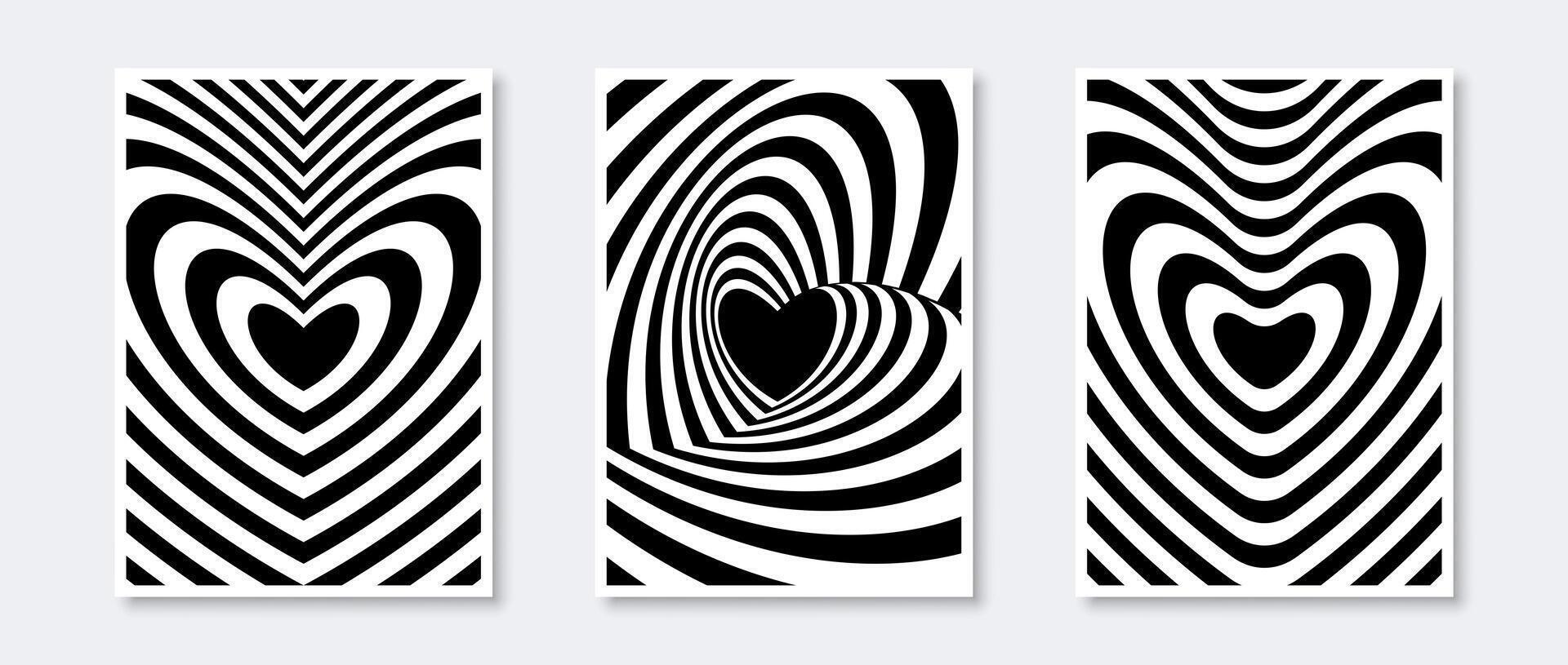 Hypnotic heart posters collection. Valentines optical illusion pattern set. Black and white monochrome heart-shaped op art design for cover, banner, invitation, flyer. Abstract art wallpaper pack. vector