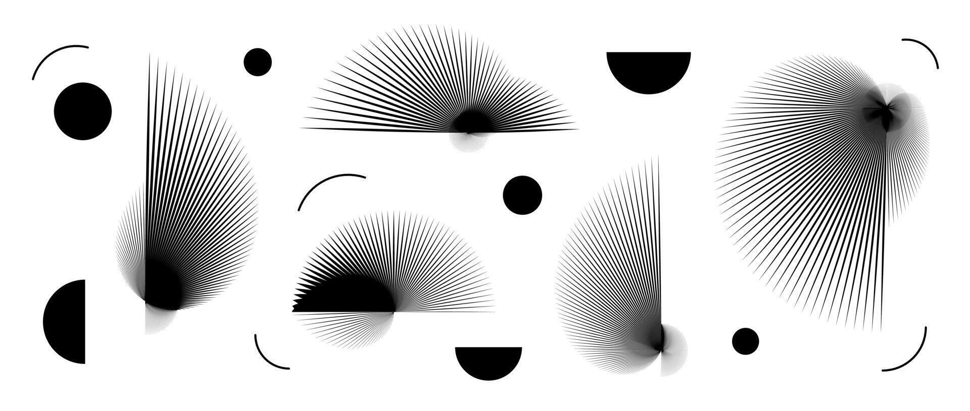 Abstract black curved spiky elements set. Radial spiral spokes objects collection. Thin thorn semicircle and circle shapes. Angular sunburst bundle for poster, collage, banner. Arc pack vector