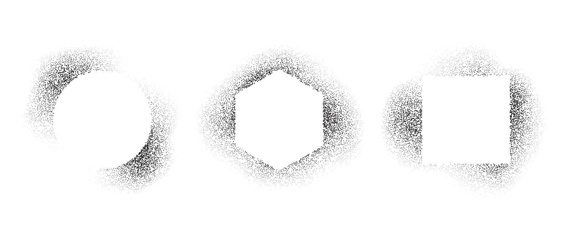 Square, circle and hexagon frames set with spray stencil effect. Grunge dotted border shadow collection. Faded noise shape bundle. Splattered elements for text box, banner, poster, template. vector