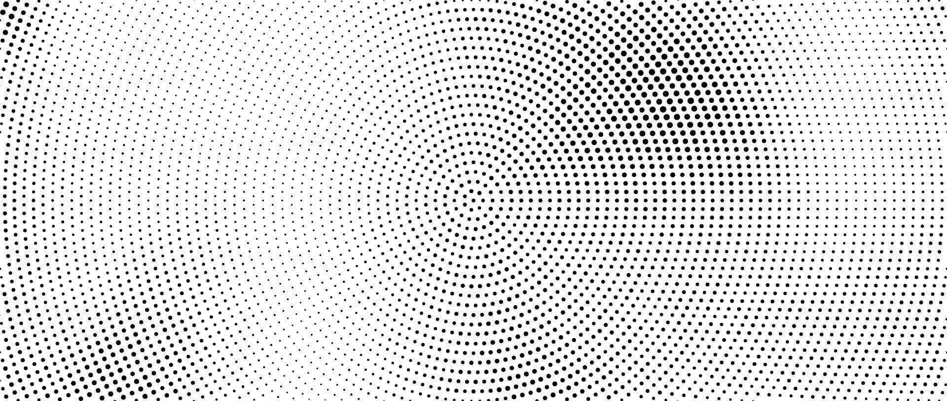 Radial halftone spotted gradient background. Dotted stains concentric texture with fading effect. Black and white circle shade wallpaper. Grunge rough monochrome geometric backdrop vector