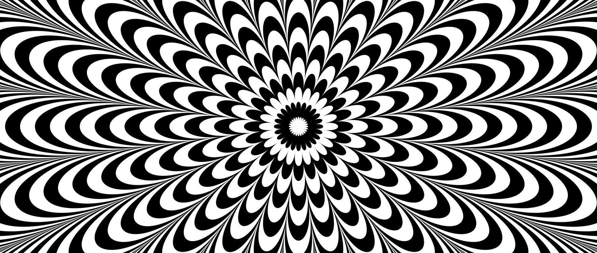 Radial optical illusion background. Black and white abstract wave lines surface. Poster design. Concentric repeating flower illusion wallpaper. Op art illustration vector