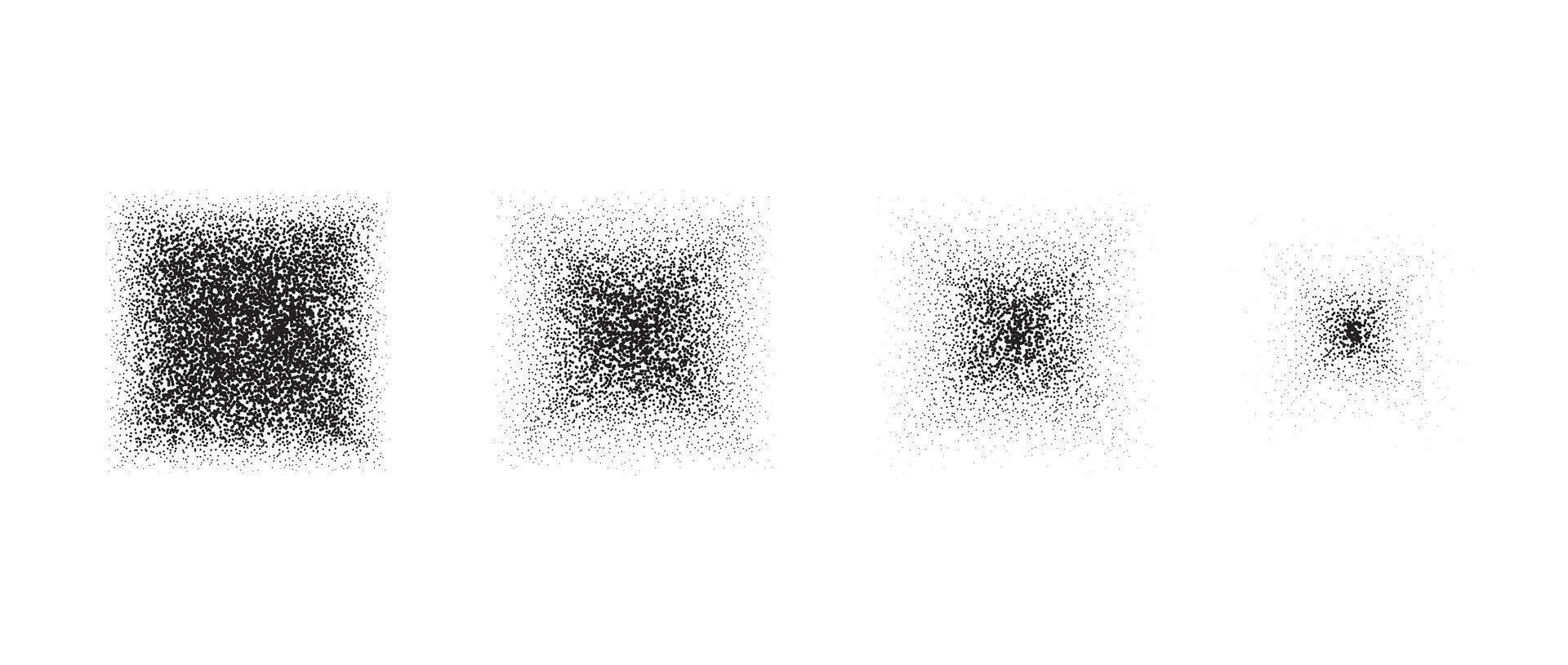 Vanishing stippled square texture set. Black disappearing dotted gritty rectangle element collection. Fading noise grain dot work shapes. Half tones and shadows affect illustration bundle. vector