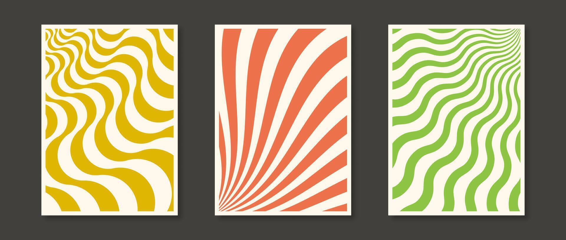 Retro wave lines and sunbursts backgrounds set. Trippy wavy stripes and distorted curly textures collection. Psychedelic orange, green and yellow groovy distorted wallpapers. Banners or posters vector