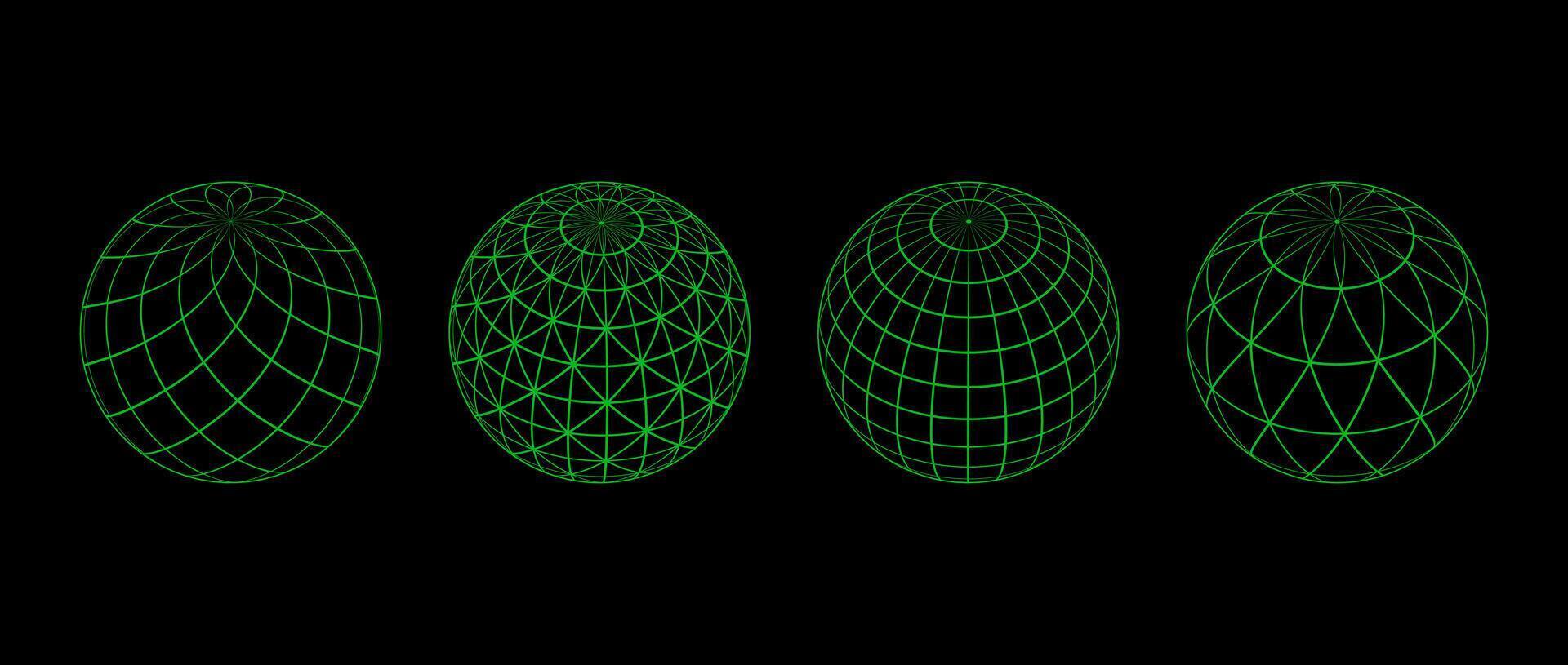 Neon green wireframe spheres collection. 3d outline globes with different grid patterns. Geometric circle elements for design templates, icons, logo. Abstract balls with connected lines. vector