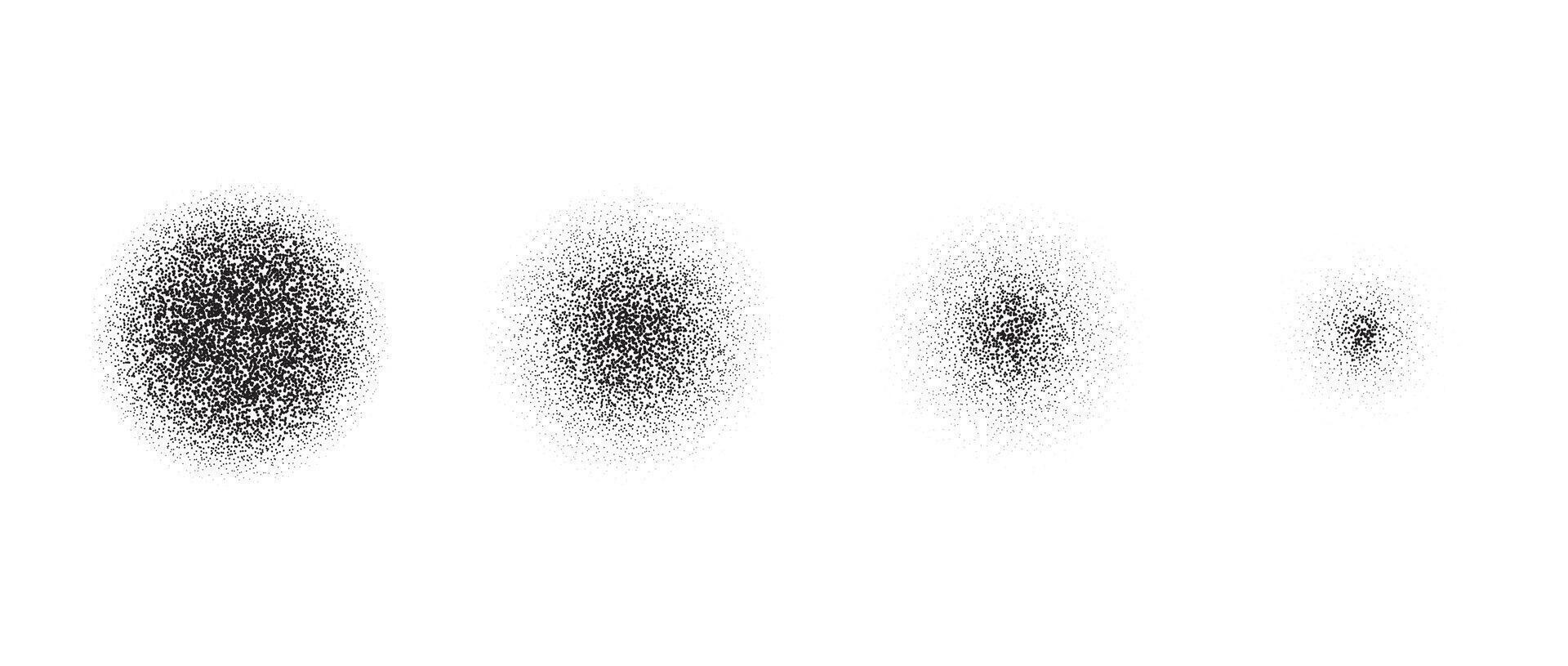 Set of vanishing stippled circle texture. Black disappearing dotted gritty round element collection. Fading noise grain dot work shapes. Half tones and shadows affect illustration bundle. vector