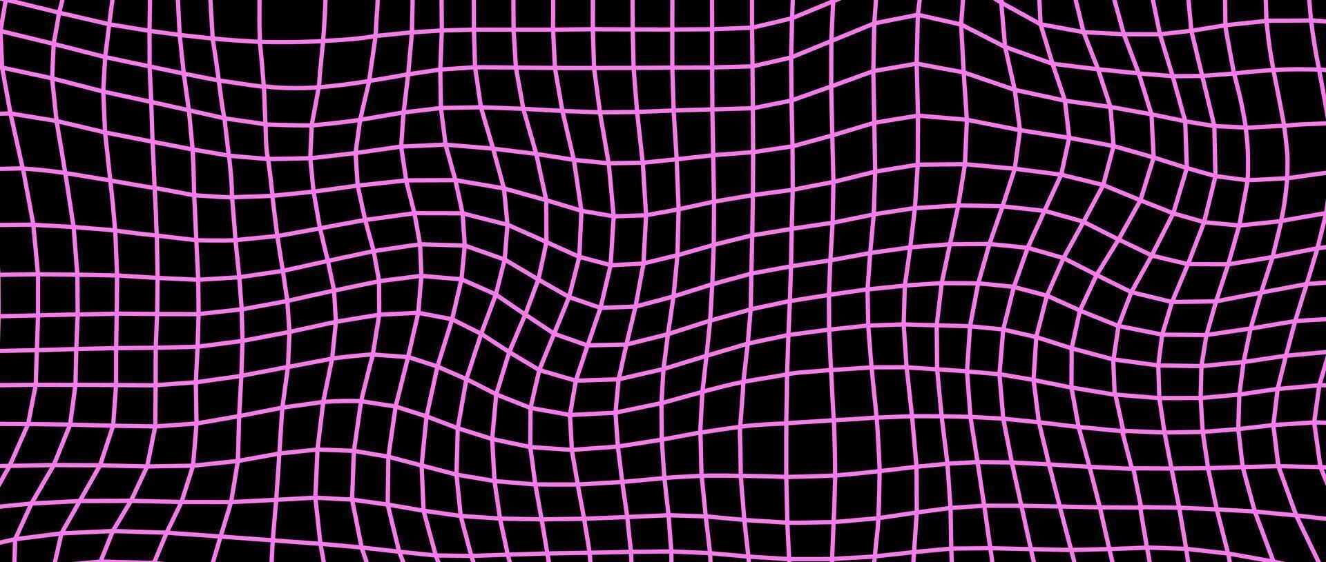 Distorted pink wireframe background. Abstract wavy checkerboard wallpaper. Warped and curved grid surface pattern. Geometric texture with optical illusion effect. vector