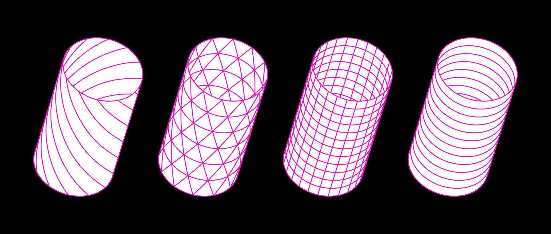 Collection of cylinder with different patterns. Striped and checkered 3d tubes set. White and pink geometric elements for design templates, icons, logo. tunnels pack vector