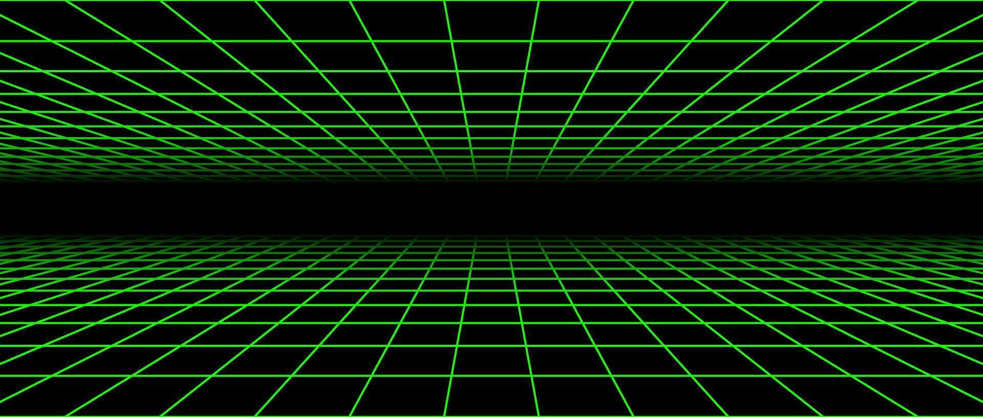 Neon green flat wireframe grid. Vanishing checkered floor and ceiling concept. Horizontal chessboard planes fading in perspective. Top and bottom lattice surface background. Abstract vector