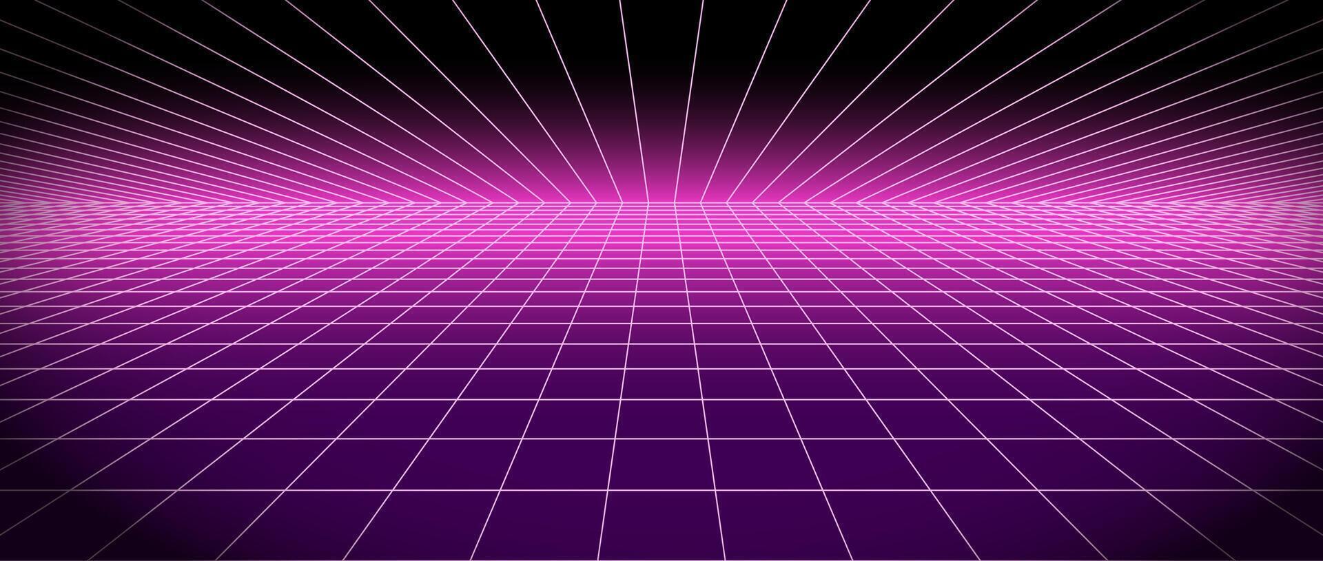 Retro futuristic grid background vanishing in distance. Bright neon pink glowing tile floor and ceiling fading in perspective. Lattice plane landscape wallpaper. Abstract horizontal surface. vector