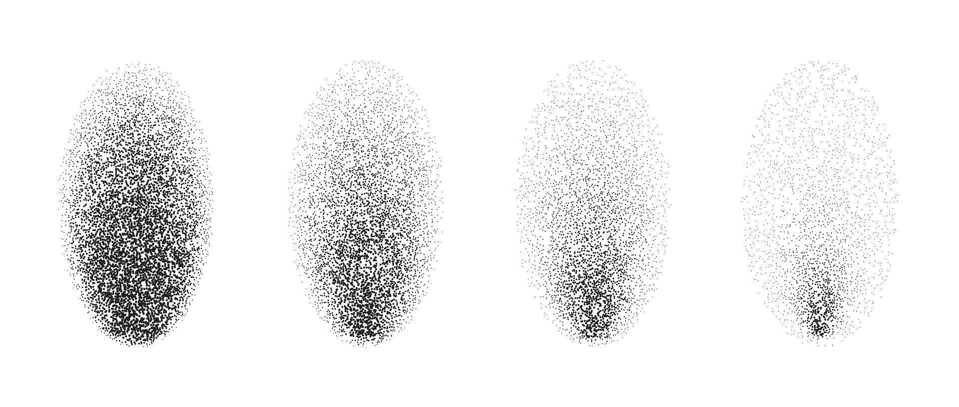 Set of textured gradient shadows. Fading stipple elliptic design elements collection. Black vintage dotted disintegration effect. Halftone noise grain forms pack. Illustration bundle vector
