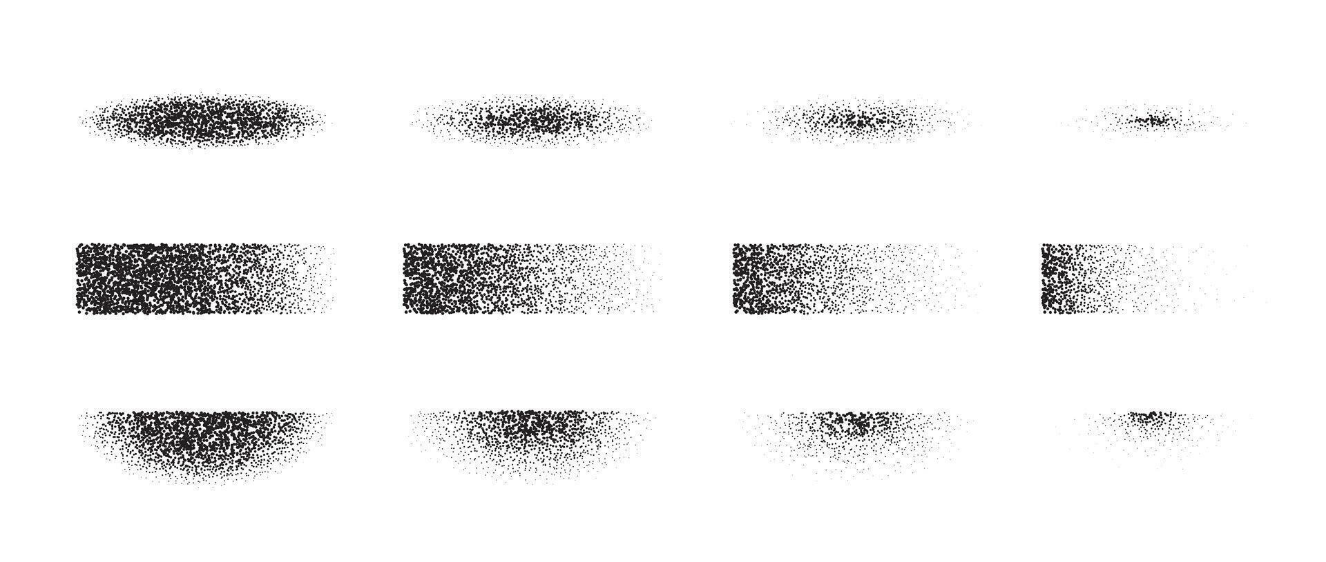 Set of textured gradient shadow shapes. Fading stippled shade design elements collection. Black vintage dotted stencil effect. Halftone noise grain forms pack. Illustration bundle vector