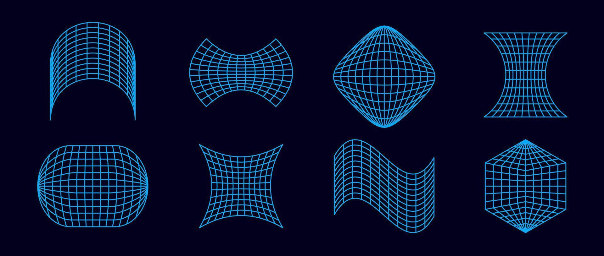 Neon blue geometric wireframe collection. Abstract surface grid of different shape. Distorted perspective planes and object set. Element bundle for posters, flyers, collages, templates vector