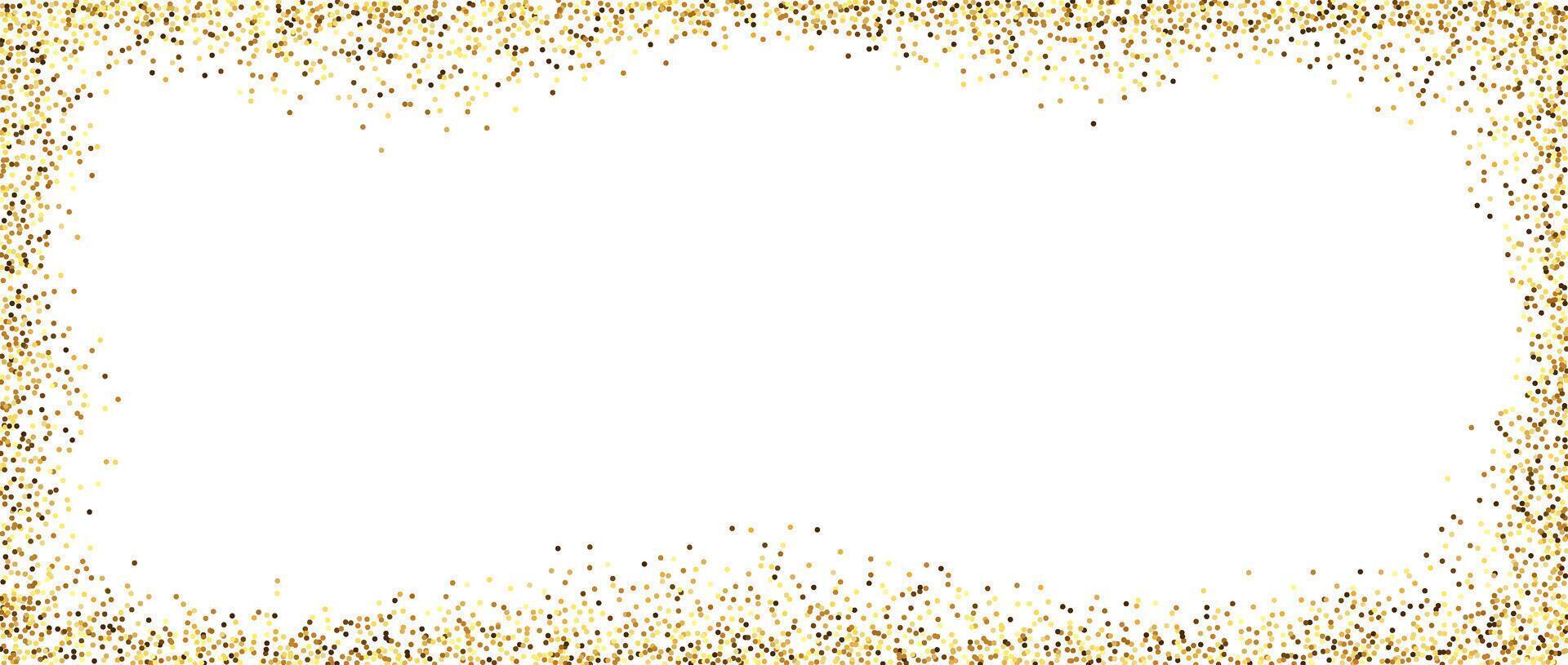Golden glitter rectangular frame. Gold confetti sparks textured background. Glowing foil dots wallpaper. Decorative Christmas dust frame for banner, poster, flayer. vector