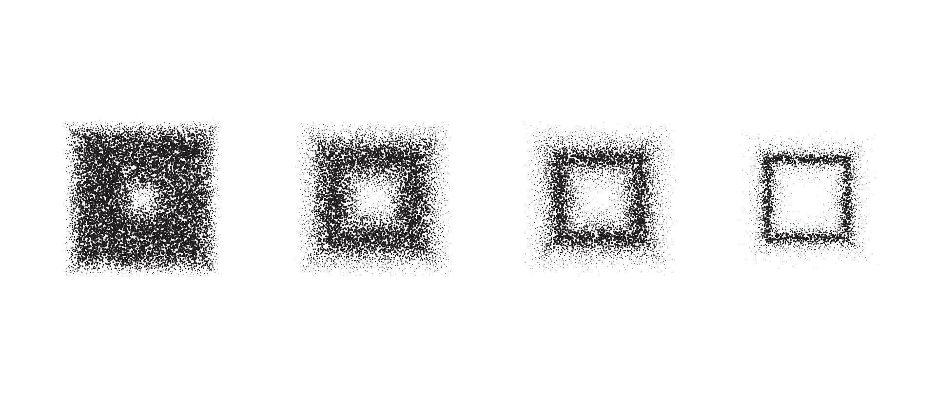 Fading square gradient set. Black dotted texture frames collection. Stippled shade object pack. Noise grain dotwork shapes. Halftone effect element bundle. vector