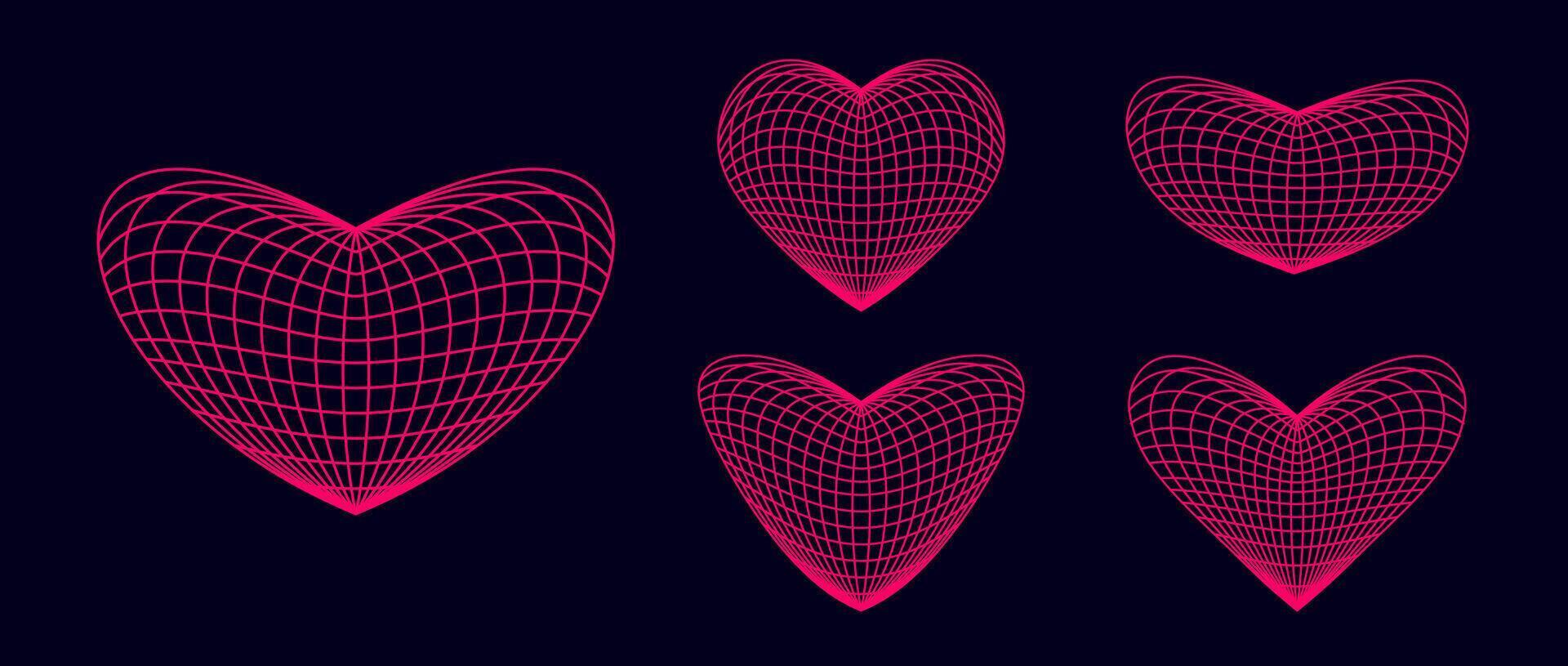 Pink wireframe heart shapes set. Grid design element. Love or cardiology concept for posters, templates, flyers, banners. Illustration pack vector