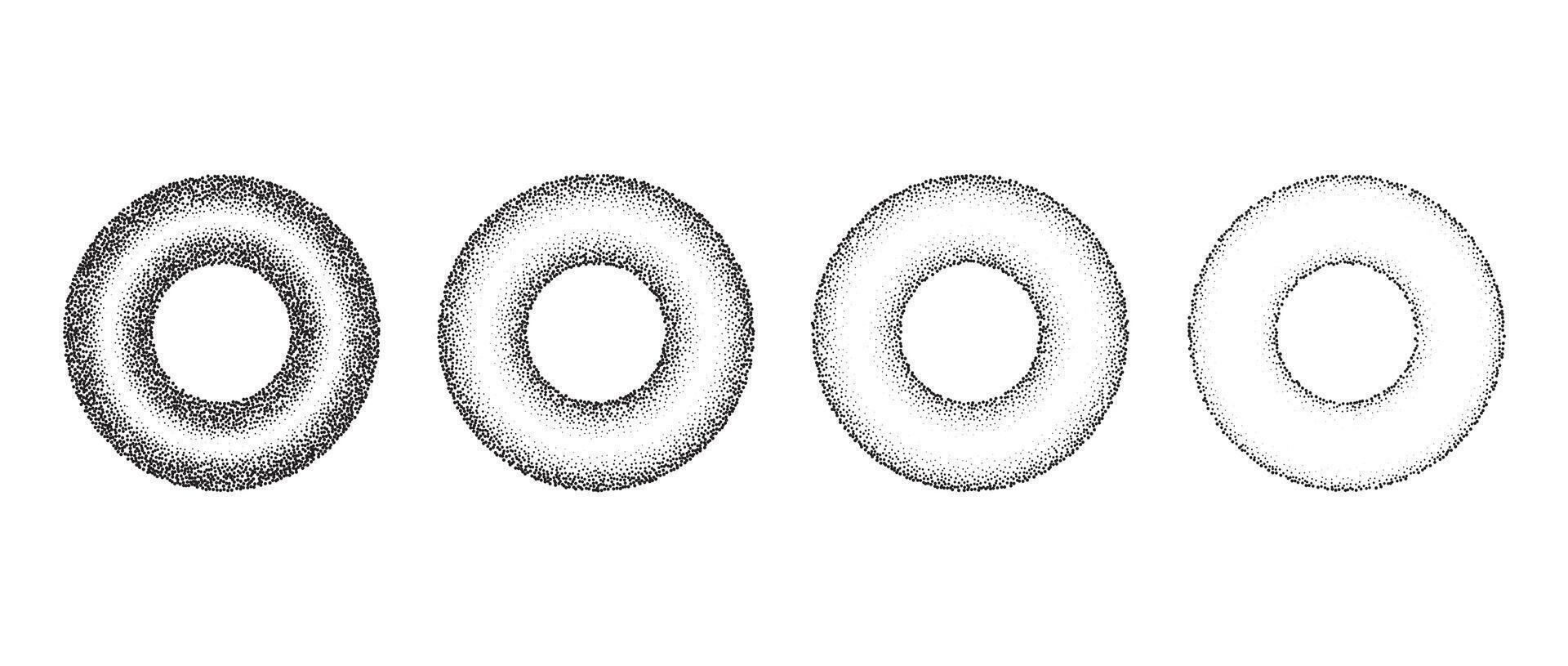 Set of textured gradient rings. Black dotted circles collections. Stippled round elements pack. Fading noise grain dotwork shapes. Halftone effect illustrations. vector