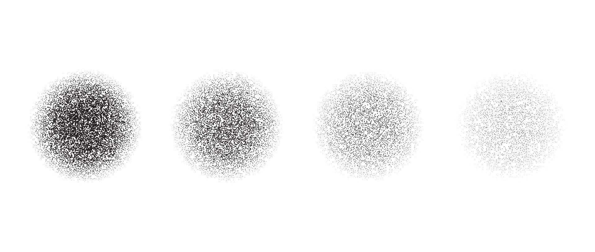 Set of circle stippled texture. Black dotted gritty round element collection. Fading noise grain dot work shapes. Vanishing half tones and shadows effect illustration bundle. vector