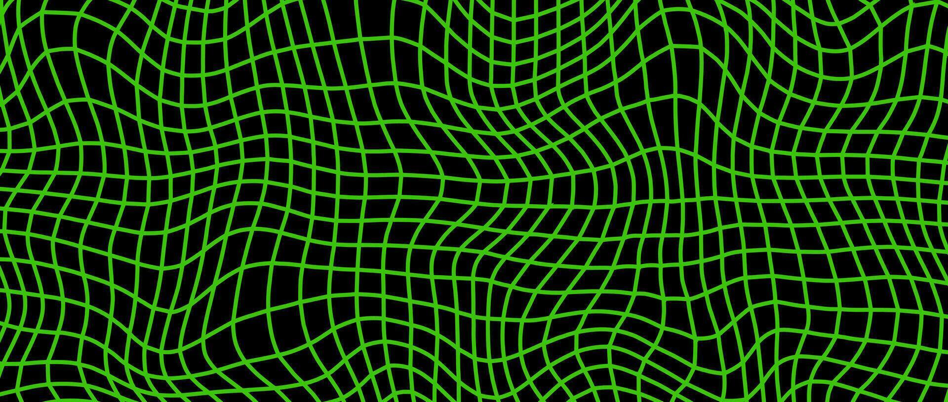 Distorted green wireframe background. Abstract wavy checkerboard wallpaper. Warped and curved grid surface pattern. Geometric texture with optical illusion effect. vector
