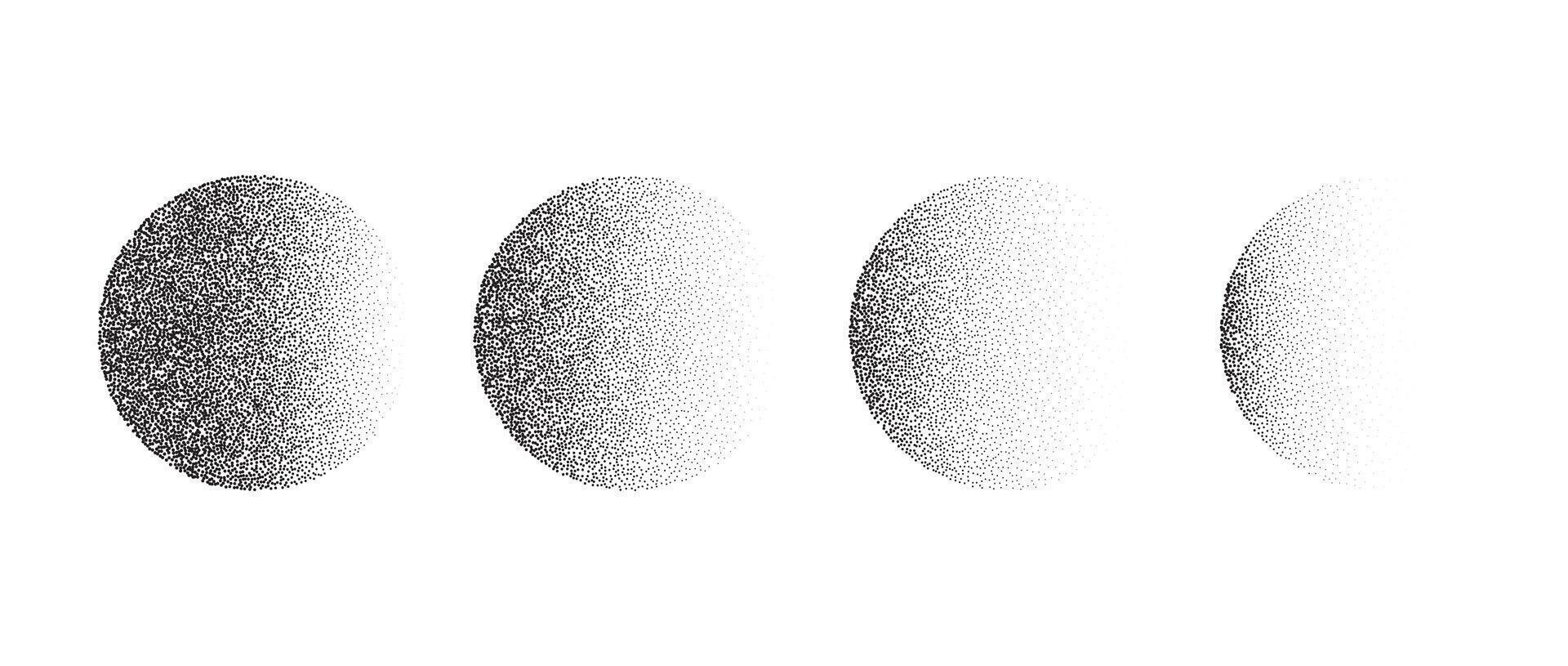 Set of textured gradient spheres. Black dotted circles collections. Stippled round elements pack. Fading noise grain dotwork shapes. Halftone effect illustrations bundle. vector