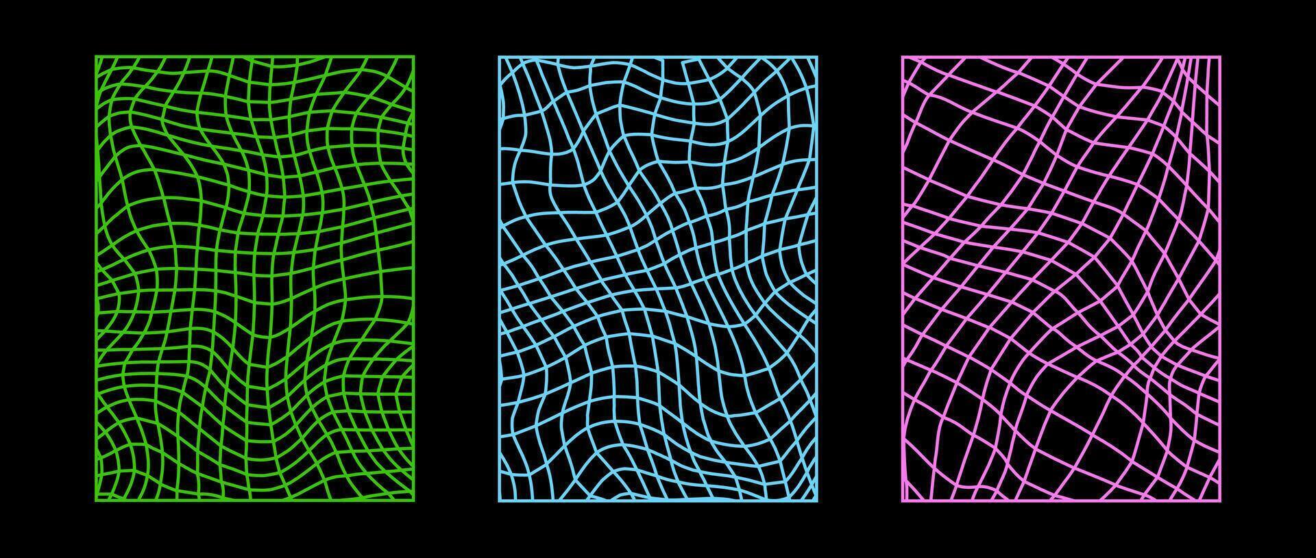 Set of distorted wireframe backgrounds. Abstract neon colored wavy checkerboard wallpapers collection. Warped and curved grid surface pattern. Geometric green, blue, pink textures. vector