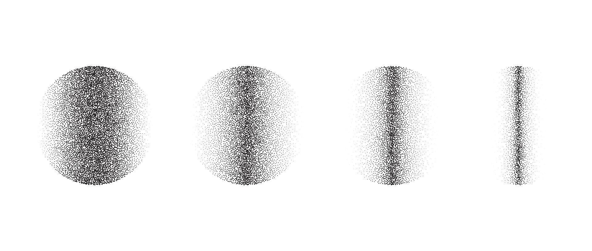 Set of textured linear gradient spheres. Black dotted fading circles collections. Stippled round elements pack. Vanishing noise grain dot work shapes. Halftone effect illustrations bundle. vector