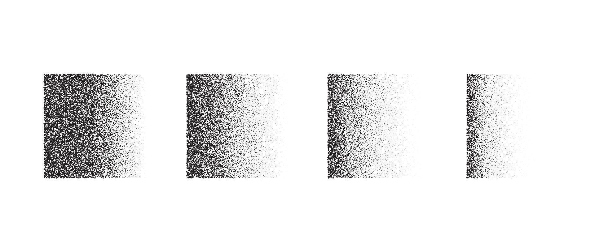 Fading gradient texture set. Black dotted square element collection. Stippled shade object pack. Noise grain dotwork shapes. Halftone effect illustrations bundle. vector