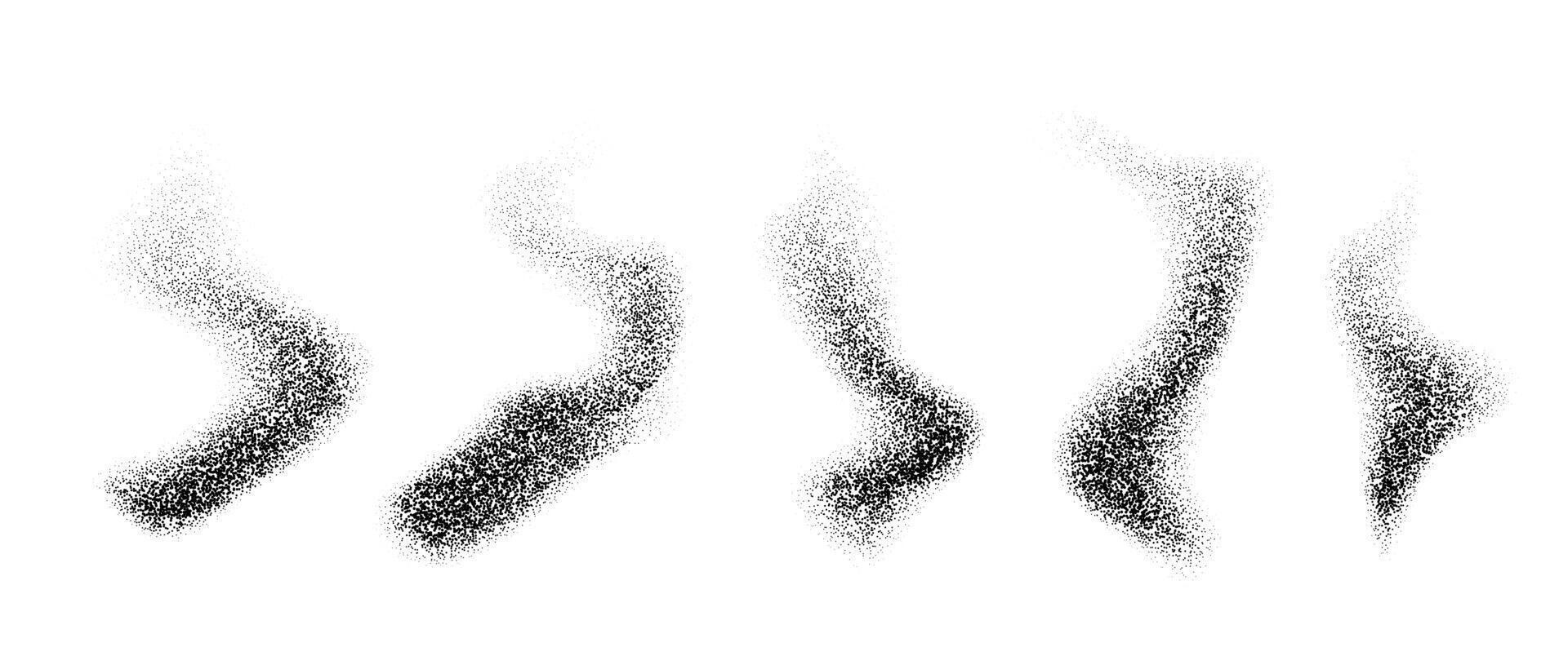 Textured wavy forms set. Black stipple grain smoke or steam pack. Dotted sand noise fog collection. Smooth gritty gradient waves bundle. Grunge design elements. vector