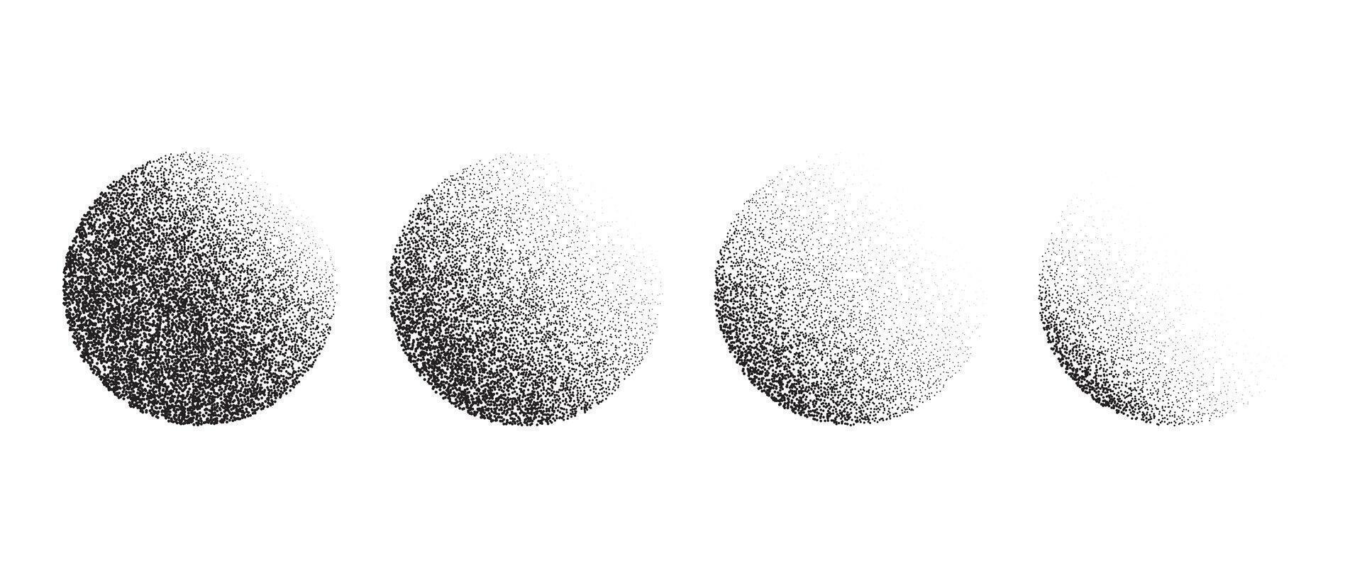 Set of textured gradient spheres. Black dotted circles collections. Stippled grain round elements pack. Fading noise gradient dotwork shapes. Stippled or halftone effect illustrations bundle. vector