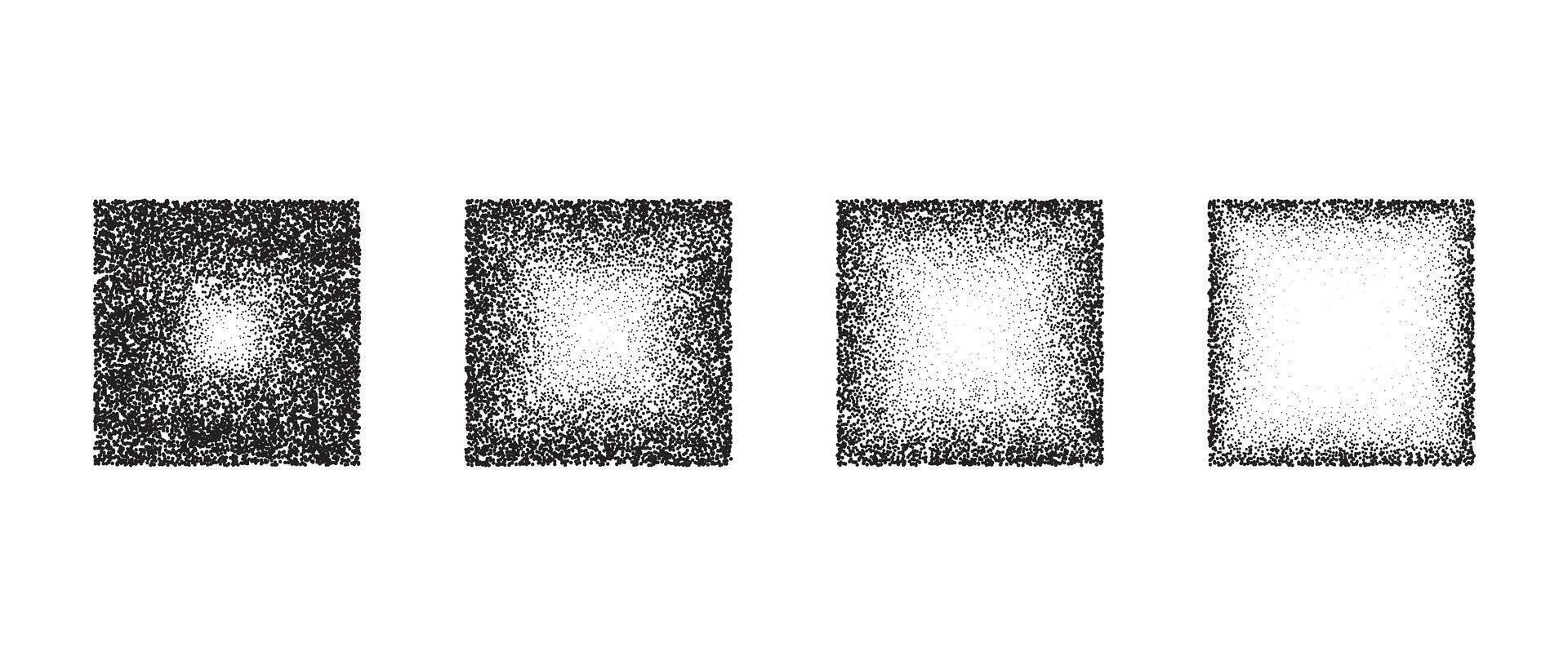 Fading square gradient set. Black dotted texture element collection. Stippled shade object pack. Noise grain dotwork shapes. Halftone effect illustrations bundle. vector