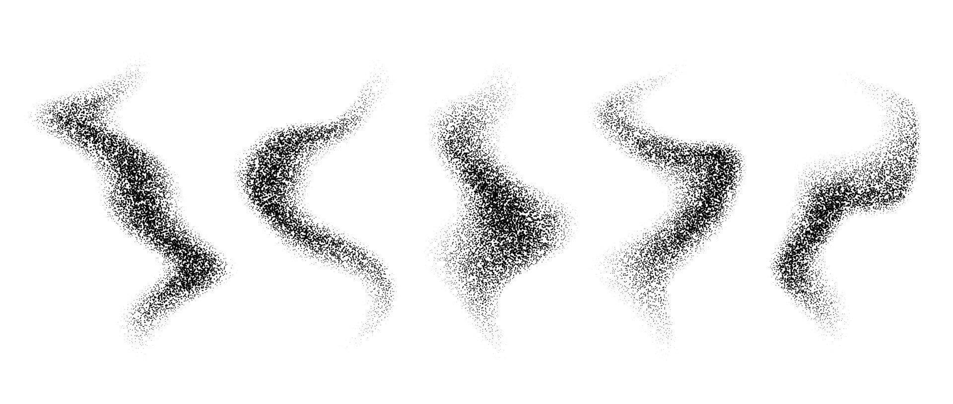 Textured wavy forms set. Black stipple grain smoke or steam pack. Dotted noise fog collection. Smooth gritty gradient waves bundle. Grunge sand gritty design elements. vector
